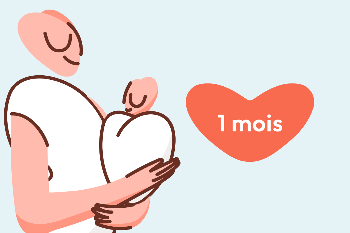 Bébé 1 mois dans les bras de maman, illustré par l'application Malo