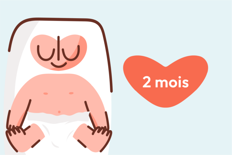 Bébé 2 mois allongé sur le dos les yeux fermés en train de sourire, illustré par l'application Malo