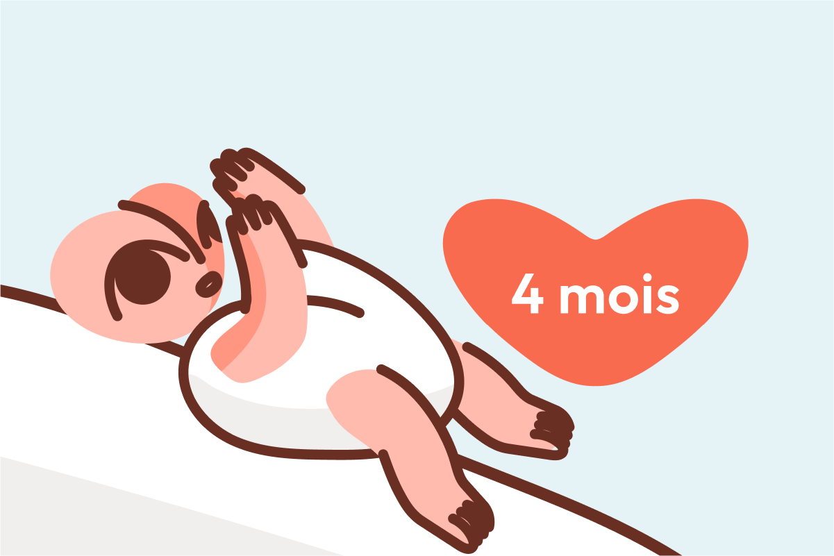 Bébé 4 mois allongé sur le dos explore ses mains, illustré par l'application Malo