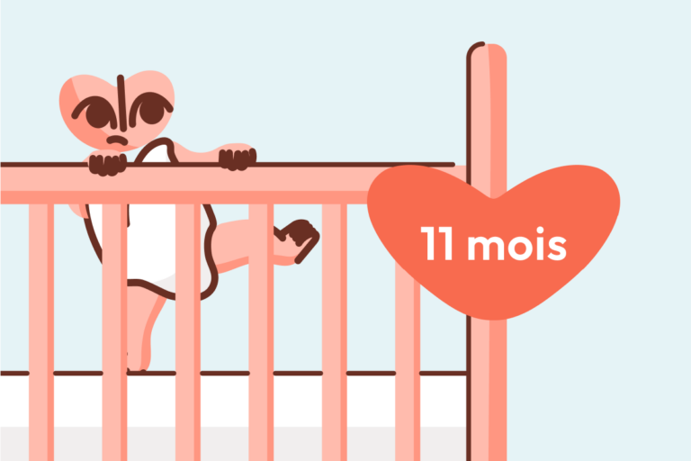 Bébé 11 mois essaie de sortir de son lit à barreaux en bois, illustré par Malo